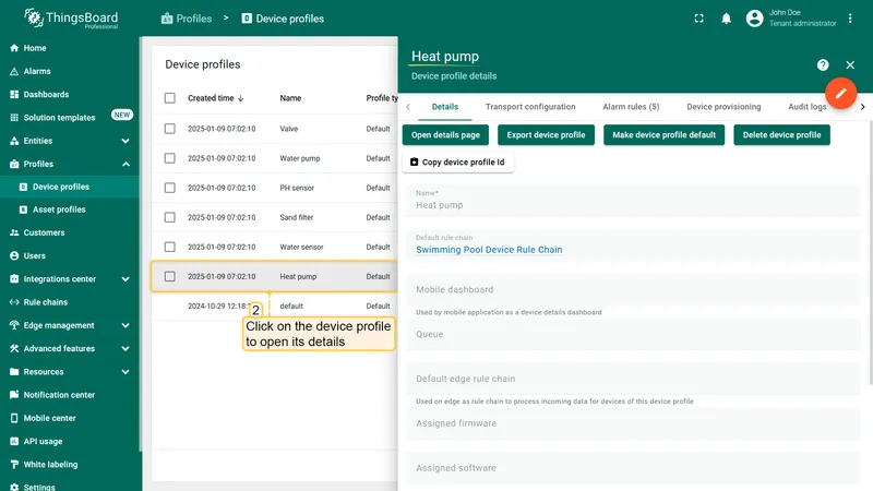 Device profile details with default rule chain and alarm rules