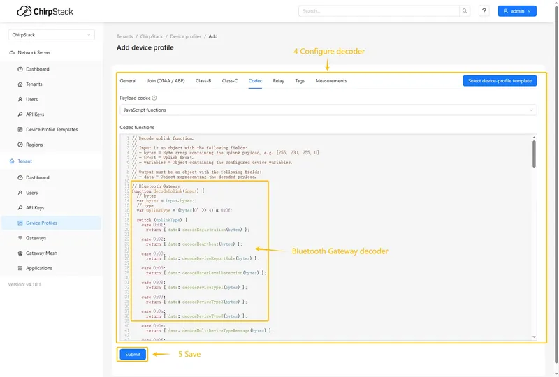 Go to the **Codec** tab, select **JavaScript functions** from the **Payload codec** dropdown menu, and paste the decoder function. Then click the **Submit** button.
