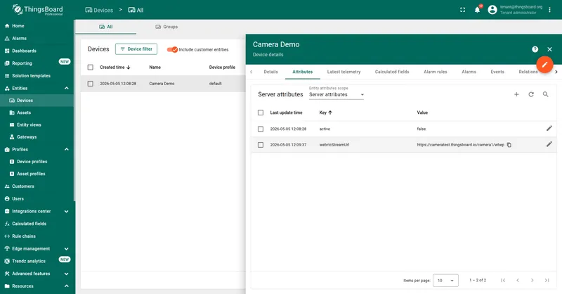 Device details panel for a camera entity, with the Server attributes tab open and a webrtcStreamUrl row showing the public WHEP URL as its string value.