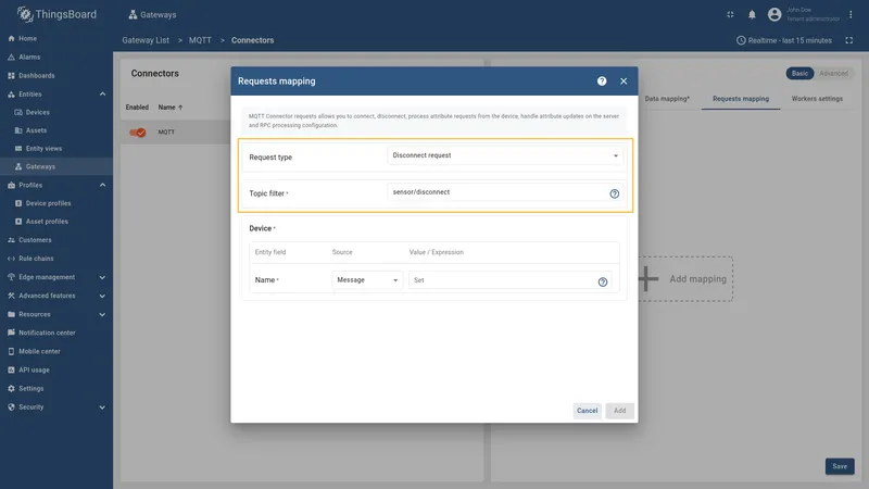 Select Disconnect request type and fill Topic filter