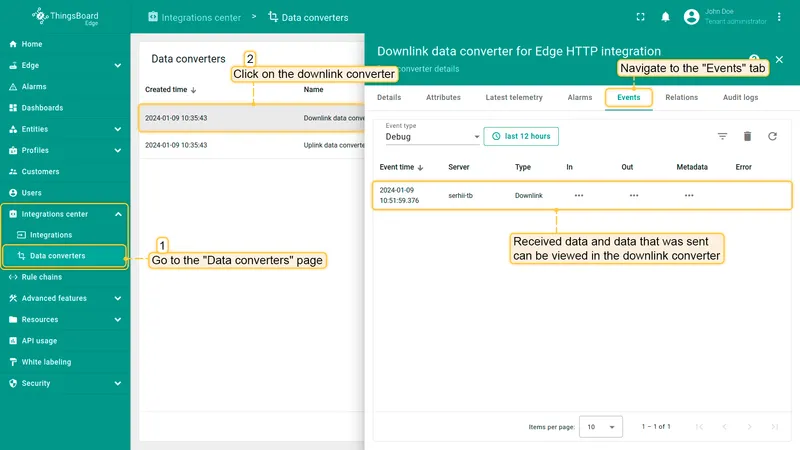 Downlink converter Events tab