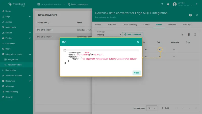 Downlink converter Out message — encoded message sent to device
