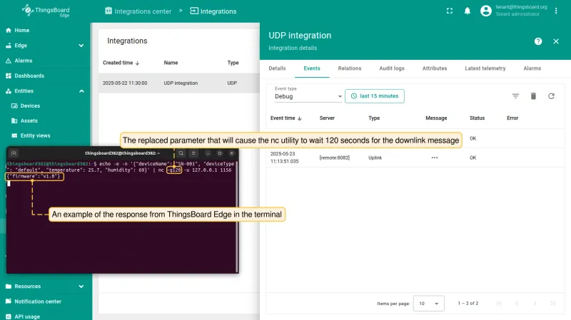 Terminal showing the downlink response from ThingsBoard Edge