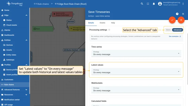 Edge save timeseries node configured to update both latest and historical tables — CE