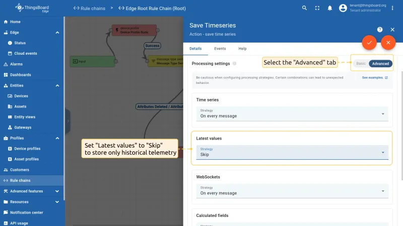 Edge save timeseries node configured to store only historical telemetry — CE