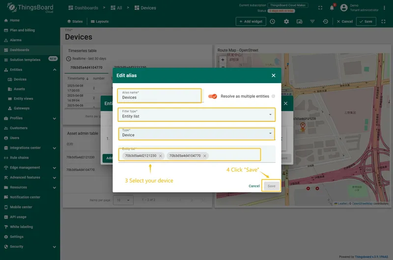 In edit alias window select your device from dropdown list and save entity alias.