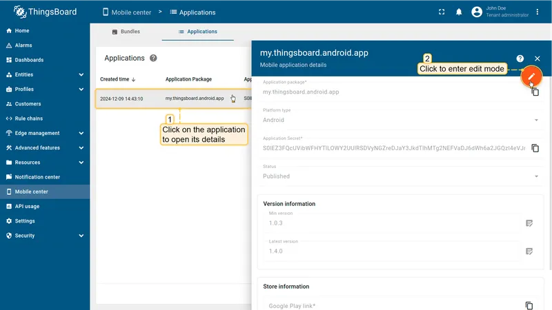 Application details panel open with pencil edit button highlighted