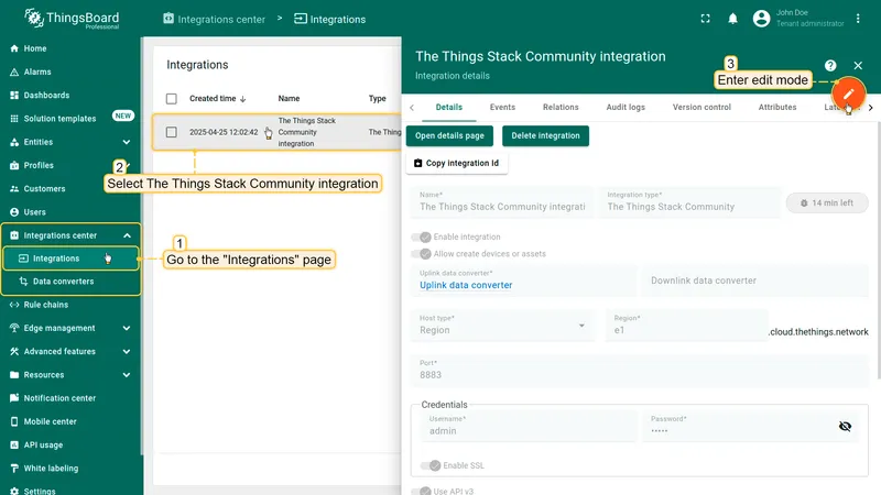 Go to the "**Integrations**" page in the "**Integration center**" section. Click on your The Things Stack integration to open its details window. Enter edit mode by clicking the orange pencil button in the top-right corner.