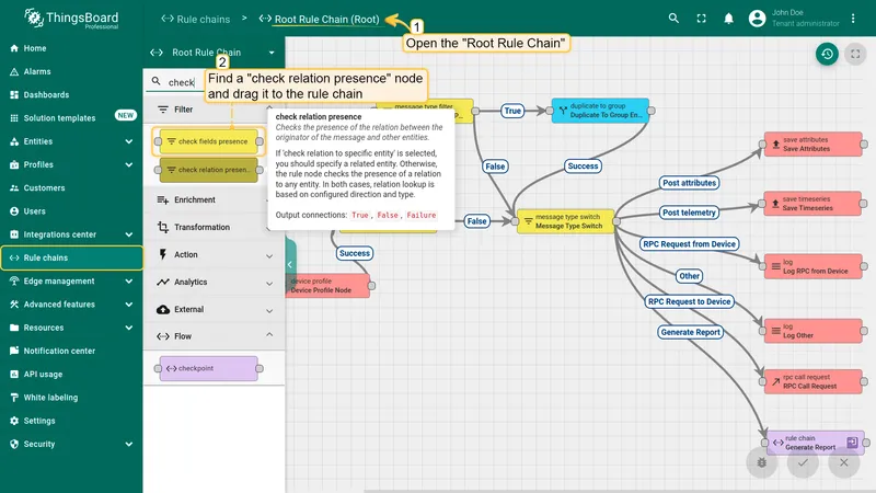 Root Rule Chain — add check relation presence node