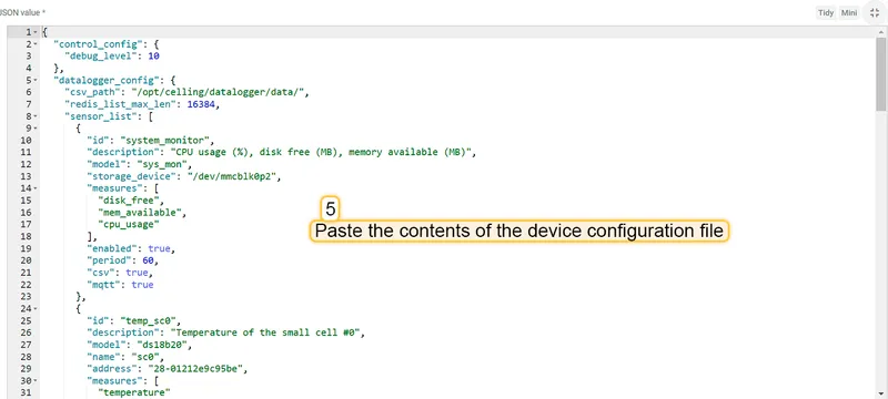 Expand the content of the attribute to full screen for ease of writing it. Paste the contents of the device configuration file into the attribute value.