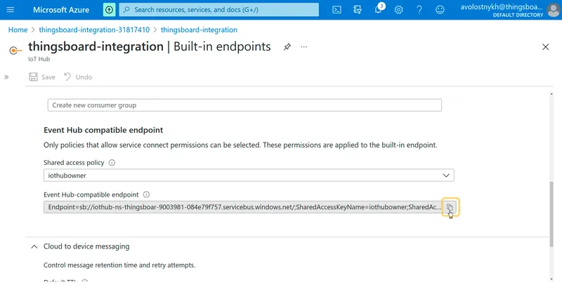 Built-in endpoints page showing the Event Hub-compatible endpoint connection string with copy button