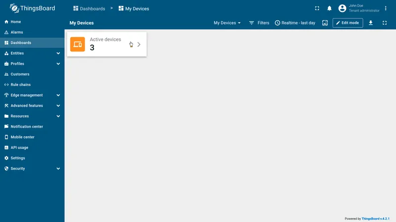 Finished Entity count card on the dashboard showing active device count