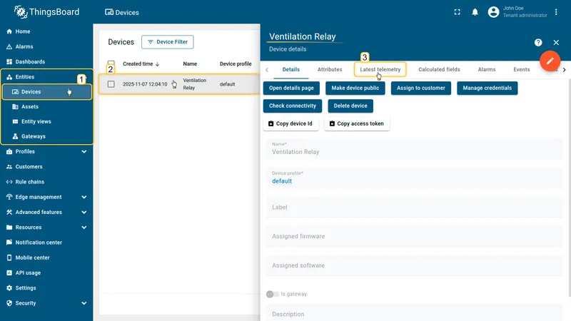 Ventilation Relay device created in ThingsBoard