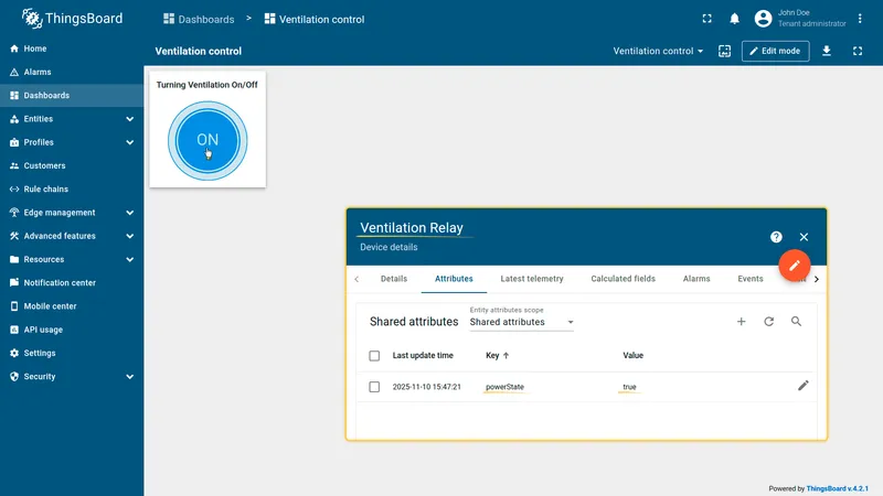 Button toggled to OFF state — powerState set to false