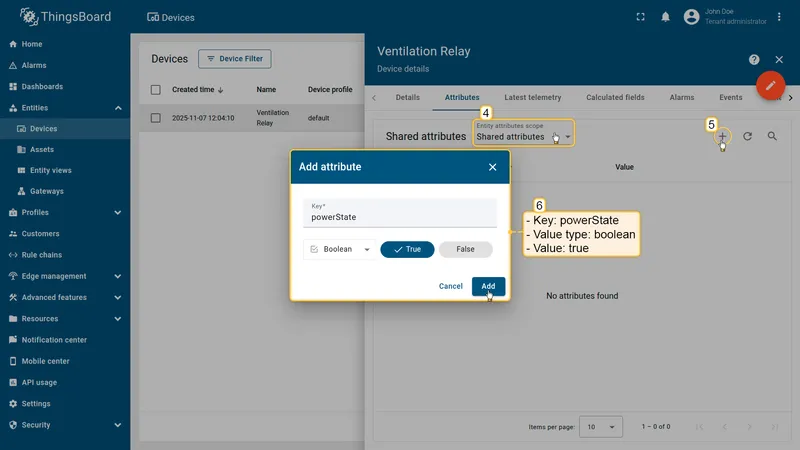 Shared attribute powerState added with Boolean type and value true