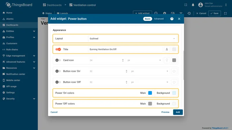 Appearance configured — Outlined layout, blue ON, gray OFF