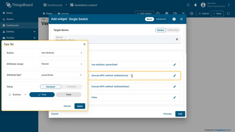 Turn On action configured to set powerState to true