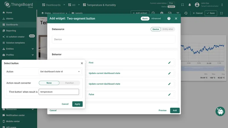 Select button: Get dashboard state id — First button when result is temperature