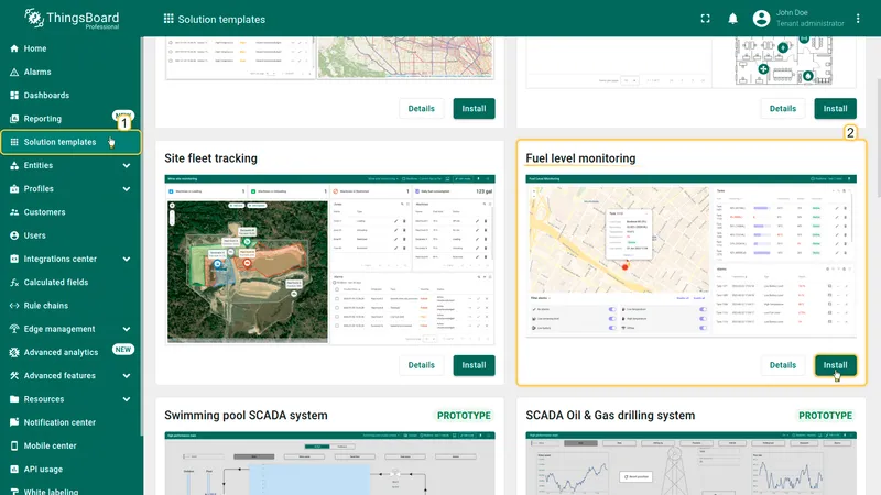 Solution templates page with Fuel level monitoring
