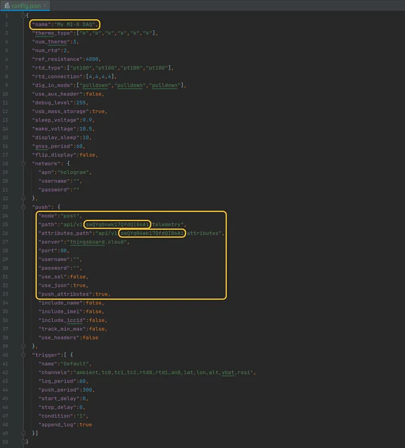 config.json with ThingsBoard push connection settings