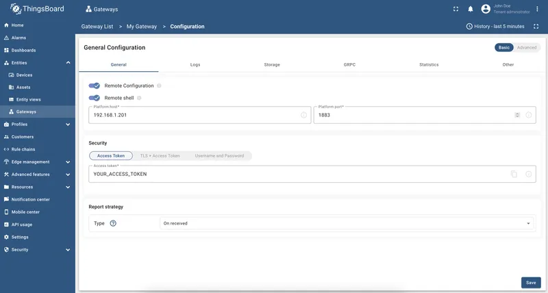 General tab showing remote configuration, security, and report strategy settings