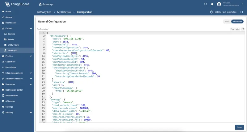 Advanced configuration mode showing the gateway JSON config editor