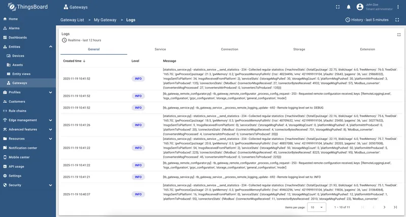 Logs page showing real-time gateway log entries with level and message columns