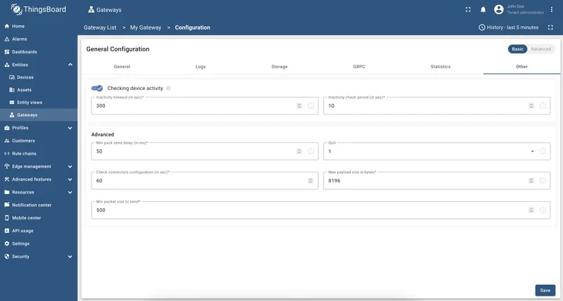 Other tab showing device activity checking and advanced MQTT settings
