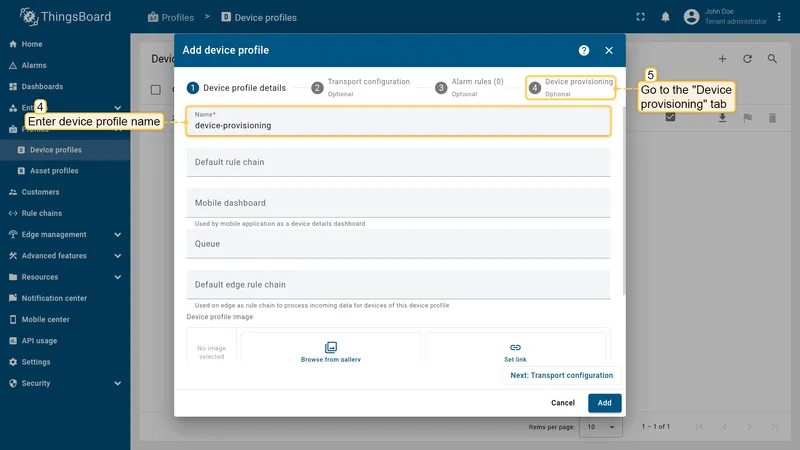 New device profile form with Device provisioning tab open
