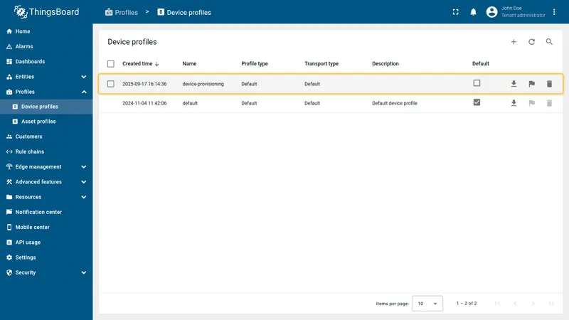 Device profile created successfully