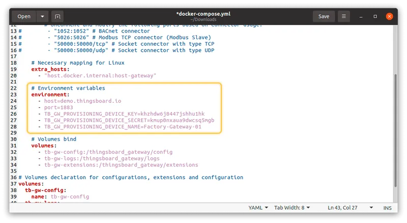 docker-compose.yml with provisioning variables filled in