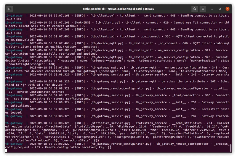 Gateway logs showing successful provisioning and connection