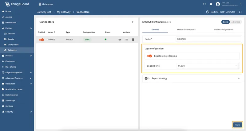 Enable remote logging in connector General tab