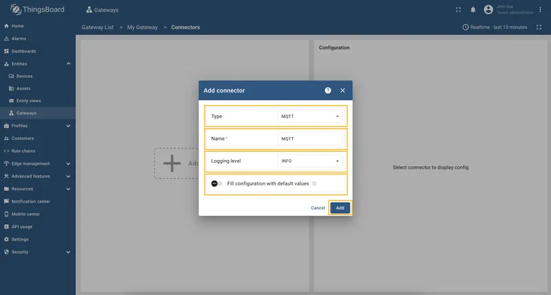 Choose MQTT connector type and configure