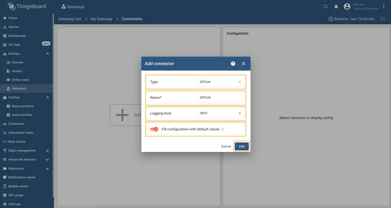 Choose OPCUA connector type and configure