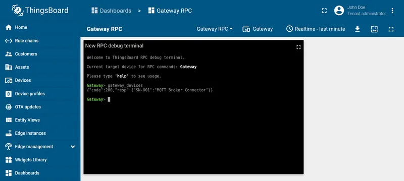 RPC debug terminal showing gateway_devices response with device list