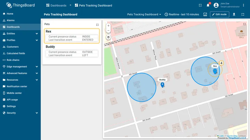 Pet tracker geofencing — Rex re-enters zone