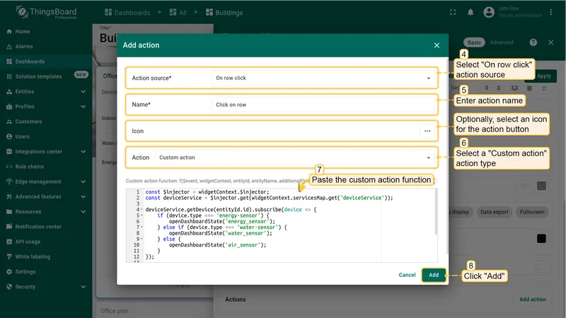 Add action dialog with On row click selected, name field, Custom action type, and function editor