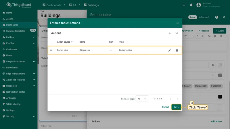 Actions dialog with configured action listed and Save button highlighted