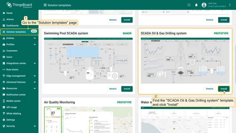 Solution templates page with SCADA Oil and Gas Drilling system