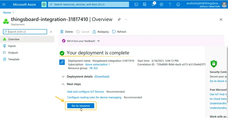 Azure deployment overview page showing Your deployment is complete with Go to resource button highlighted