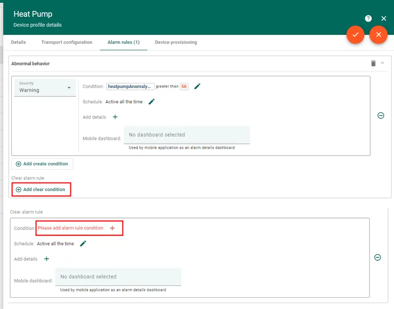 Configure alarm create and clear rules