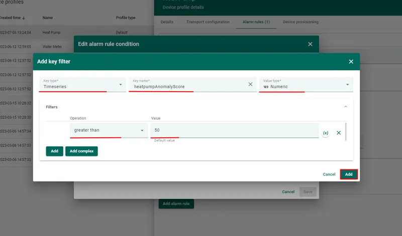 Configure anomaly score threshold for alarm creation