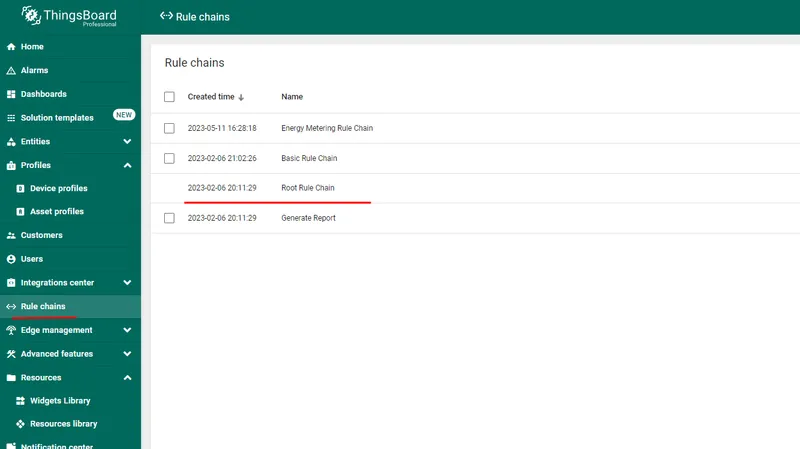 Open the default rule chain in ThingsBoard