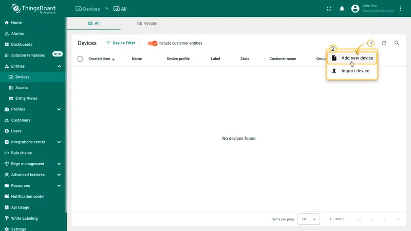 By default, you navigate to the device group “All”. Click the **“+”** button in the top-right corner and select **Add new device**.