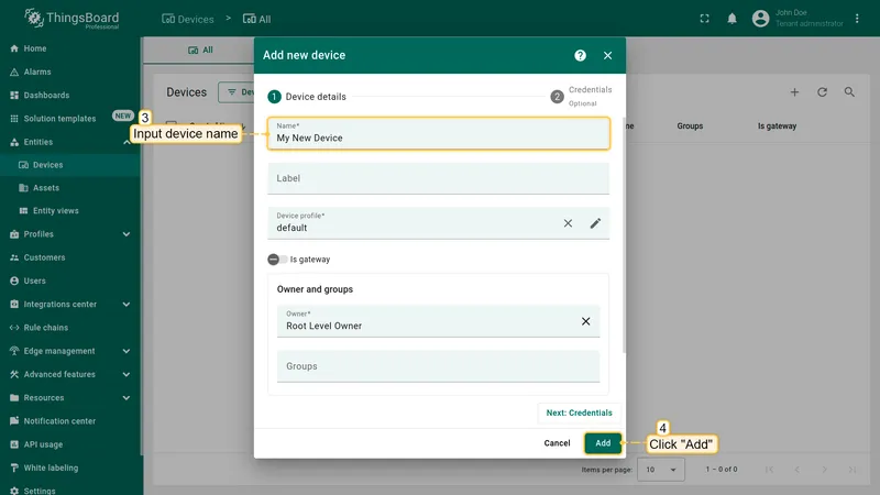 Enter a **device name**, for example “My Device”. You can leave all other fields with their default values. Click **Add** to add the device.