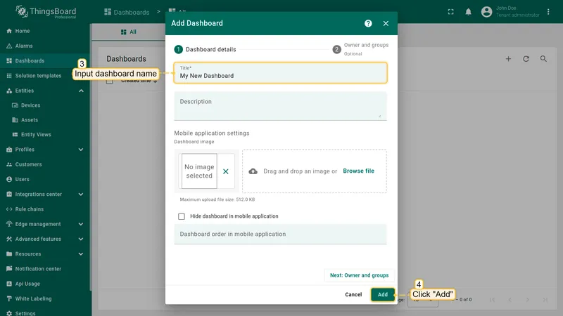 Input dashboard name. For example, "My New Dashboard". Click **"Add"** to add the dashboard