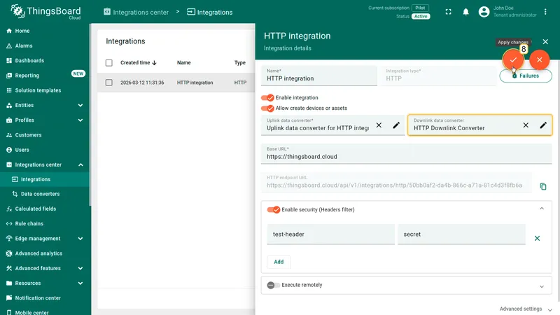 Integration in edit mode with HTTP Downlink Converter assigned — Apply changes button visible