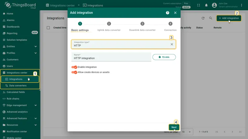 Add integration wizard — Basic settings: Integration type set to HTTP
