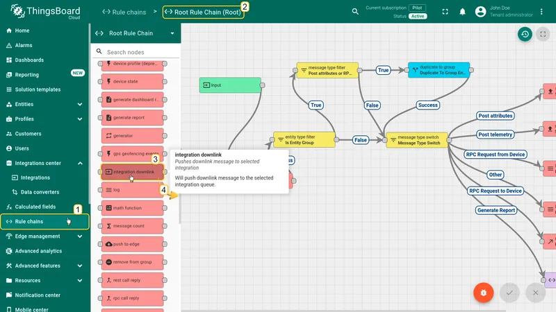 Root Rule Chain editor — integration downlink node in the node panel